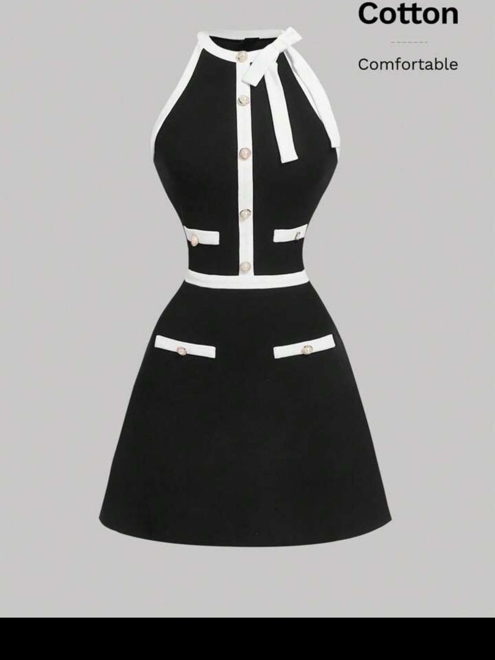 Black and White Contrast Halter Dress